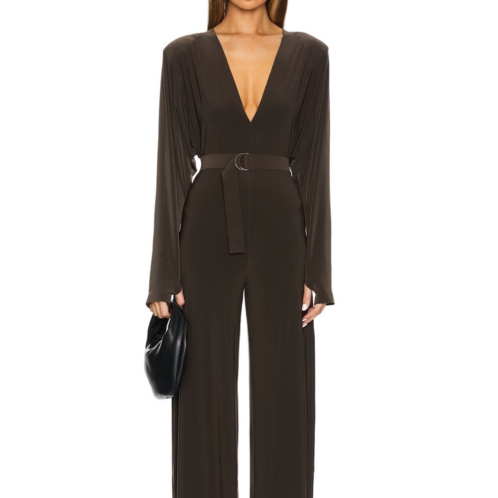 Norma Kamali Deep V-Neck Brown Jumpsuit